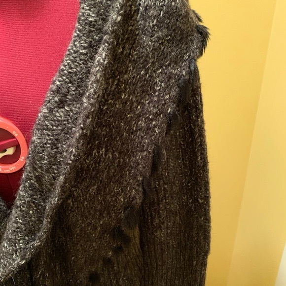 Olivia M long cardigan with knit ruffles and faux fur tuft trim - Picture 3 of 16